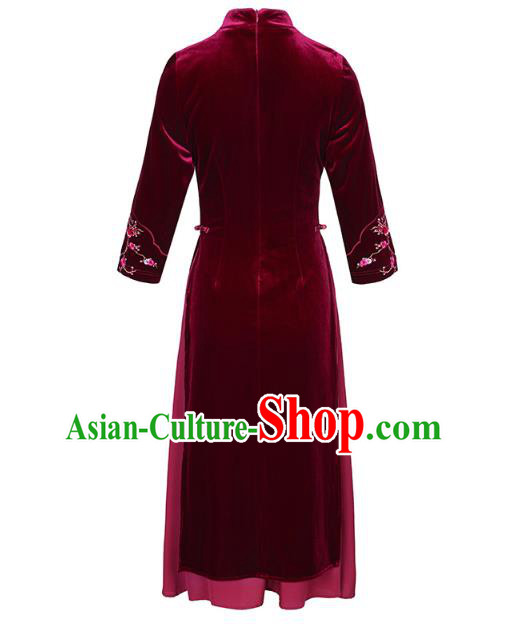 China Tang Suit Wine Red Velvet Qipao Dress Traditional Embroidered Plum Blossom Cheongsam Costume