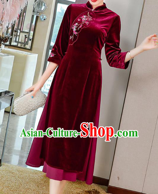 China Tang Suit Wine Red Velvet Qipao Dress Traditional Embroidered Plum Blossom Cheongsam Costume