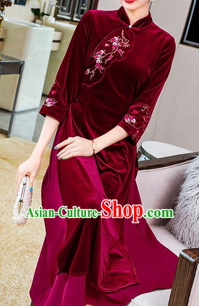 China Tang Suit Wine Red Velvet Qipao Dress Traditional Embroidered Plum Blossom Cheongsam Costume