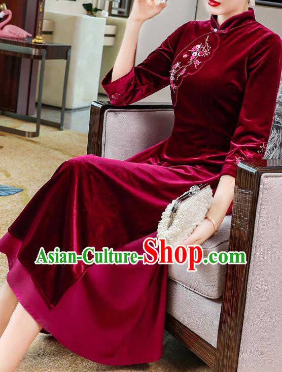 China Tang Suit Wine Red Velvet Qipao Dress Traditional Embroidered Plum Blossom Cheongsam Costume