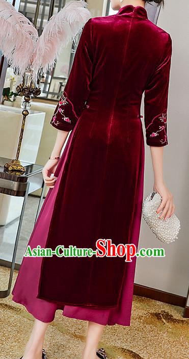 China Tang Suit Wine Red Velvet Qipao Dress Traditional Embroidered Plum Blossom Cheongsam Costume