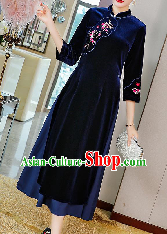 China Traditional Embroidered Plum Blossom Cheongsam Costume Tang Suit Deep Blue Velvet Qipao Dress