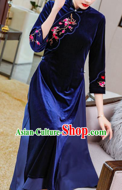China Traditional Embroidered Plum Blossom Cheongsam Costume Tang Suit Deep Blue Velvet Qipao Dress