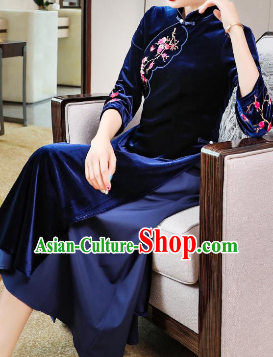 China Traditional Embroidered Plum Blossom Cheongsam Costume Tang Suit Deep Blue Velvet Qipao Dress