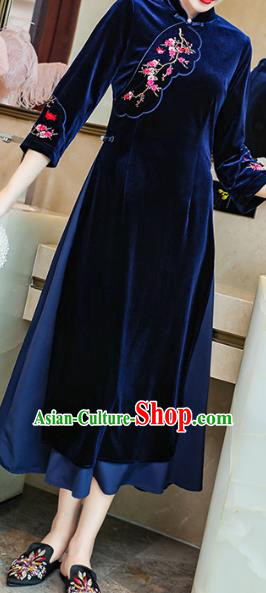 China Traditional Embroidered Plum Blossom Cheongsam Costume Tang Suit Deep Blue Velvet Qipao Dress