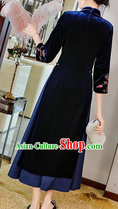 China Traditional Embroidered Plum Blossom Cheongsam Costume Tang Suit Deep Blue Velvet Qipao Dress