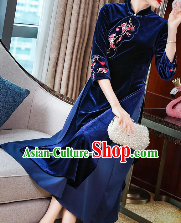 China Traditional Embroidered Plum Blossom Cheongsam Costume Tang Suit Deep Blue Velvet Qipao Dress