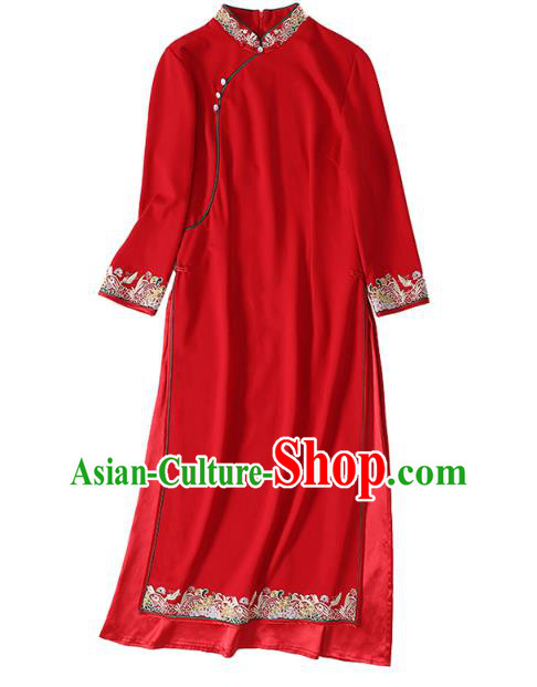 China Modern Dance Aodai Qipao Dress Traditional Tang Suit Embroidered Red Cheongsam Costume