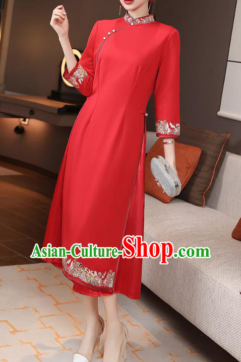 China Modern Dance Aodai Qipao Dress Traditional Tang Suit Embroidered Red Cheongsam Costume
