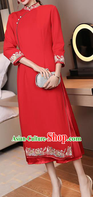 China Modern Dance Aodai Qipao Dress Traditional Tang Suit Embroidered Red Cheongsam Costume