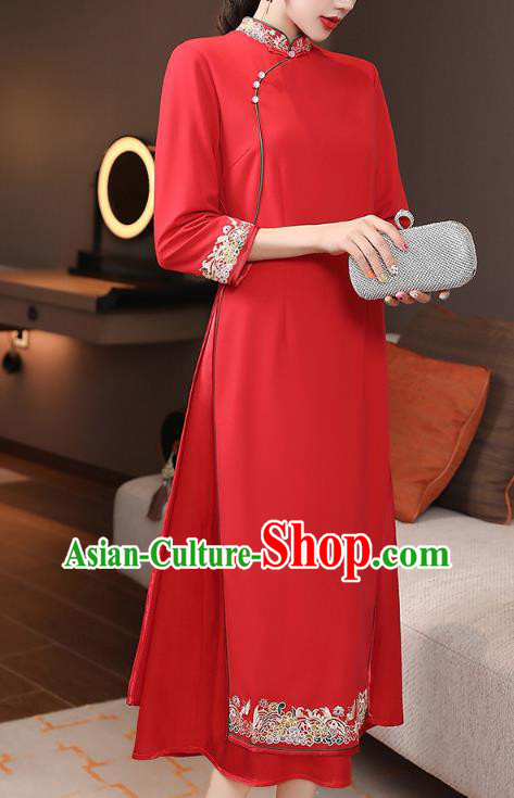China Modern Dance Aodai Qipao Dress Traditional Tang Suit Embroidered Red Cheongsam Costume