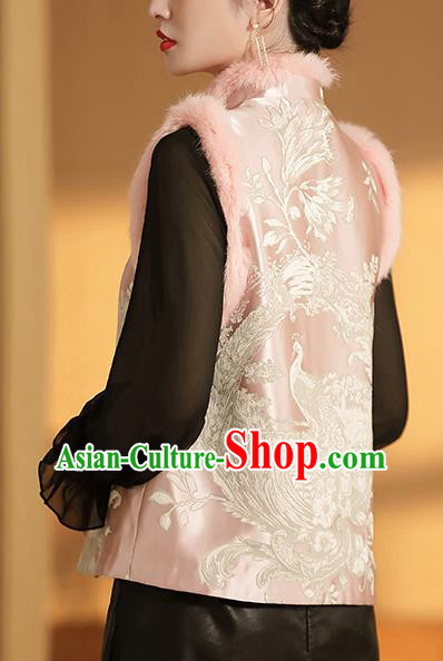 Chinese National Phoenix Pattern Cotton Wadded Waistcoat Traditional Tang Suit Pink Brocade Vest
