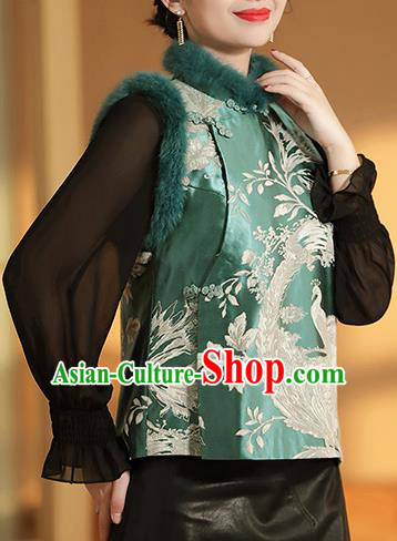 Chinese Traditional Tang Suit Green Brocade Vest National Phoenix Pattern Cotton Wadded Waistcoat