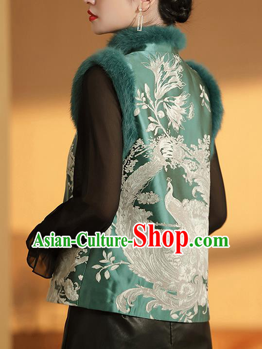 Chinese Traditional Tang Suit Green Brocade Vest National Phoenix Pattern Cotton Wadded Waistcoat