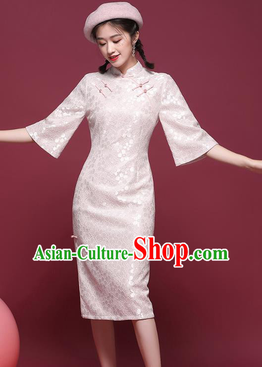 China National Tang Suit Light Pink Lace Cheongsam Modern Dance Trumpet Sleeve Qipao Dress