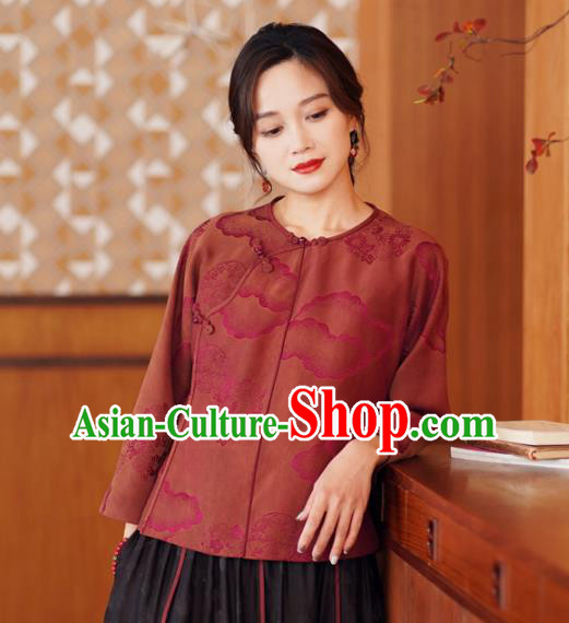 China Traditional Jacquard Watered Gauze Top Blouse National Dark Red Silk Shirt