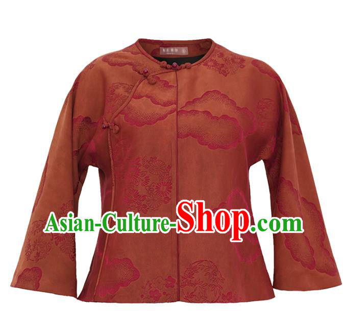 China Traditional Jacquard Watered Gauze Top Blouse National Dark Red Silk Shirt