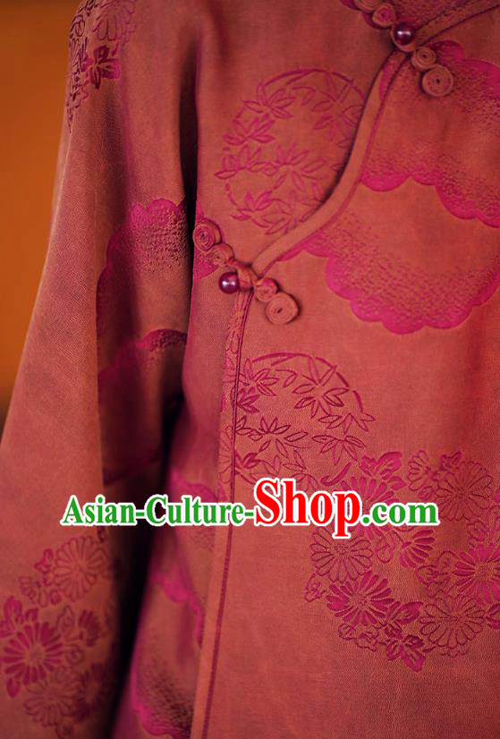 China Traditional Jacquard Watered Gauze Top Blouse National Dark Red Silk Shirt