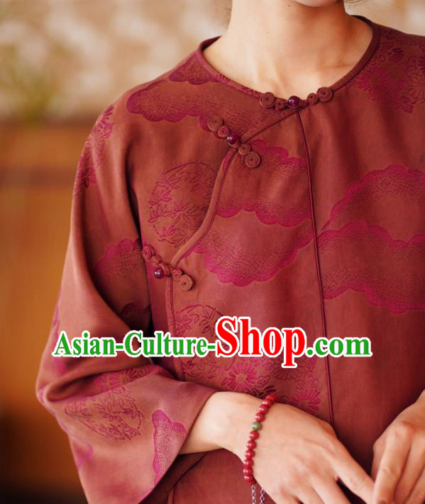 China Traditional Jacquard Watered Gauze Top Blouse National Dark Red Silk Shirt