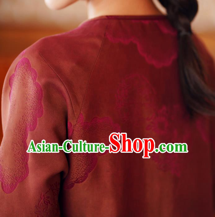 China Traditional Jacquard Watered Gauze Top Blouse National Dark Red Silk Shirt
