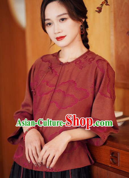 China Traditional Jacquard Watered Gauze Top Blouse National Dark Red Silk Shirt