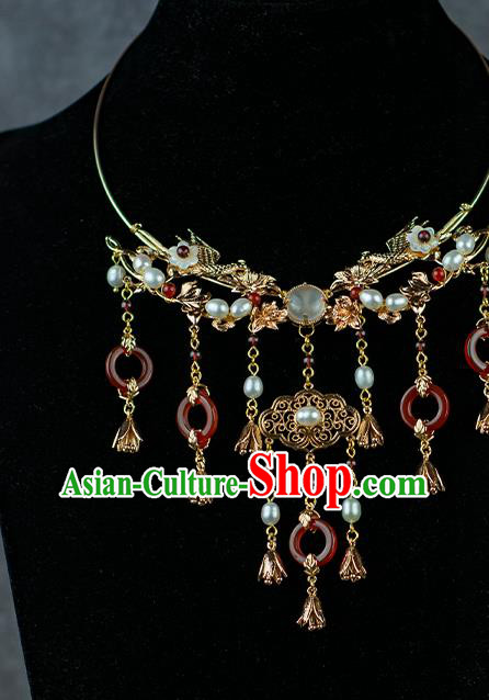 China Classical Wedding Necklace Accessories Traditional Ming Dynasty Princess Red Agate Tassel Necklet