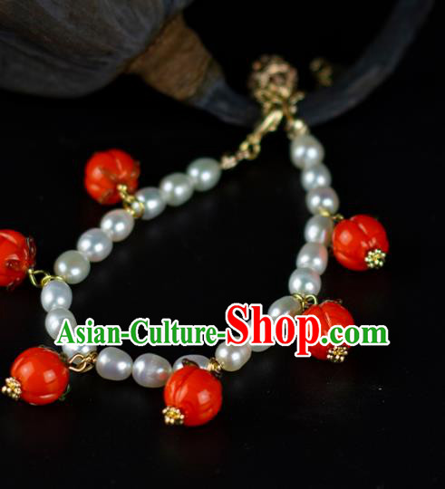 China Classical Red Persimmon Wristlet Accessories Traditional Ming Dynasty Princess Pearls Bracelet