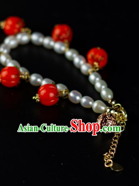 China Classical Red Persimmon Wristlet Accessories Traditional Ming Dynasty Princess Pearls Bracelet