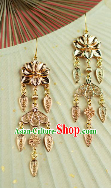 China Traditional Tang Dynasty Princess Ear Accessories Ancient Palace Lady Golden Lotus Earrings