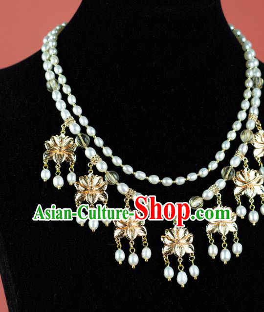 China Classical Golden Lotus Necklace Accessories Traditional Tang Dynasty Princess Pearls Necklet