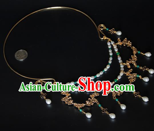 China Classical Pearls Necklace Traditional Tang Dynasty Princess Golden Cloud Necklet Accessories