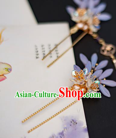Chinese Traditional Hanfu Hair Accessories Tassel Hairpin Ancient Princess Purple Flowers Hair Stick