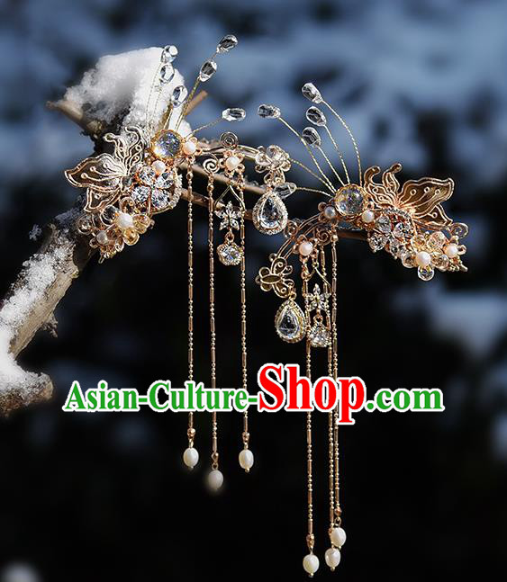 Chinese Traditional Hanfu Tassel Hairpin Handmade Hair Accessories Ancient Princess Crystal Butterfly Hair Claw