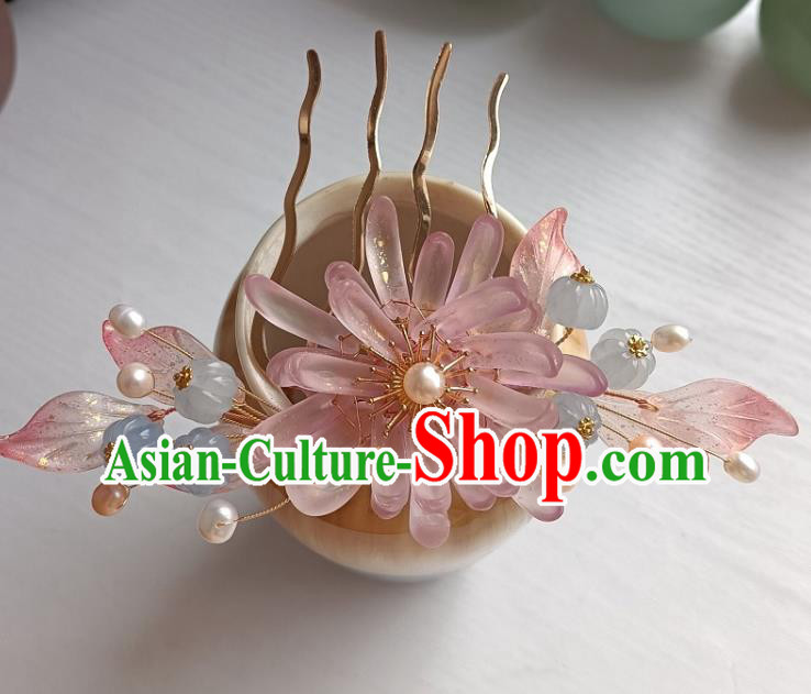 Chinese Ancient Young Lady Hairpin Hanfu Hair Accessories Traditional Song Dynasty Pink Chrysanthemum Hair Comb