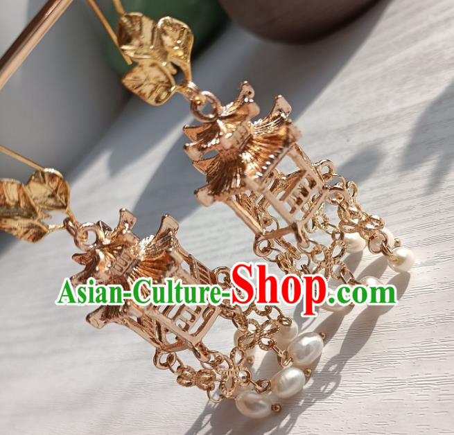 China Handmade Ancient Ming Dynasty Empress Golden Lantern Earrings Traditional Hanfu Ear Accessories