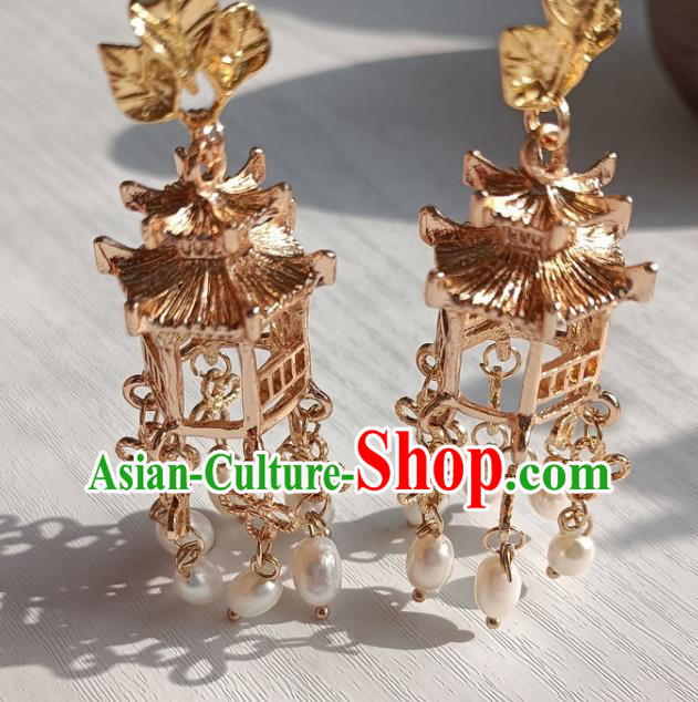 China Handmade Ancient Ming Dynasty Empress Golden Lantern Earrings Traditional Hanfu Ear Accessories