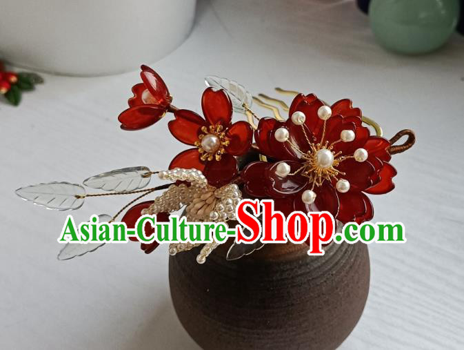 Chinese Ancient Palace Lady Hair Comb Hanfu Hair Accessories Traditional Ming Dynasty Red Peony Hair Stick