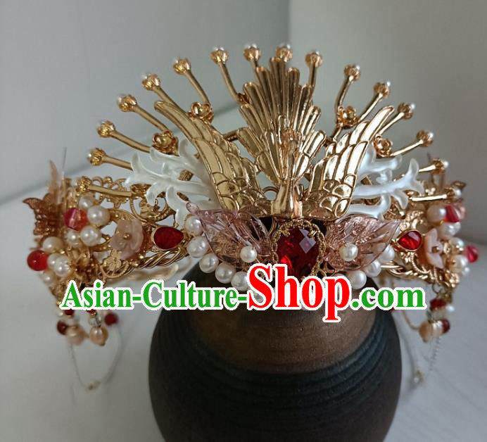 Chinese Ancient Bride Shell Hairpin Hanfu Hair Accessories Traditional Ming Dynasty Golden Phoenix Hair Crown