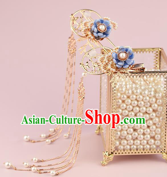 Chinese Traditional Blue Flower Hairpin Handmade Hair Accessories Ancient Hanfu Tassel Hair Stick