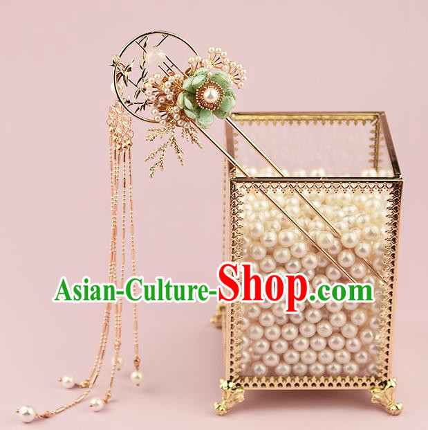 Chinese Handmade Hair Accessories Ancient Hanfu Tassel Hair Stick Traditional Green Flower Hairpin