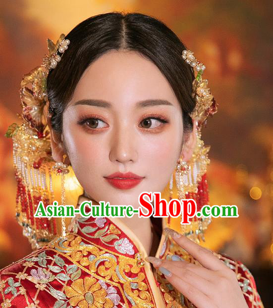 Chinese Traditional Wedding Bride Hair Accessories Classical Xiuhe Suit Beads Tassel Hairpins