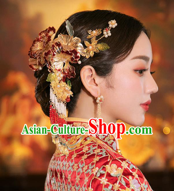 Chinese Traditional Wedding Bride Hair Accessories Classical Xiuhe Suit Beads Tassel Hairpins