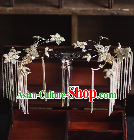 China Handmade Ancient Bride Golden Butterfly Tassel Earrings Traditional Wedding Ear Accessories