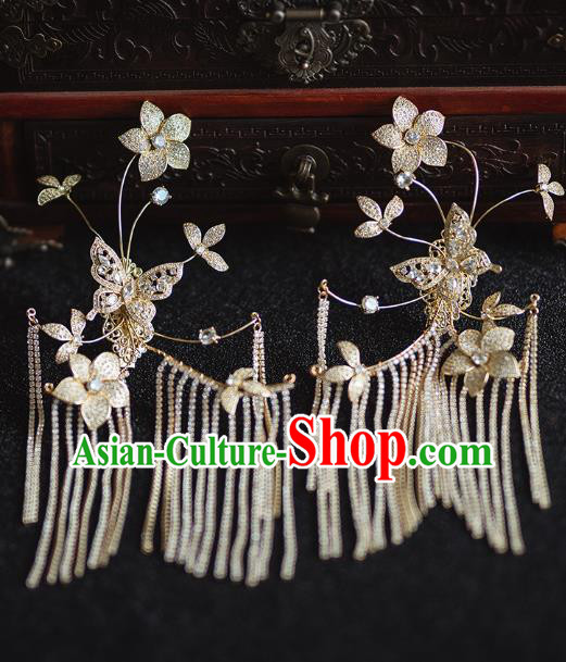 China Handmade Ancient Bride Golden Butterfly Tassel Earrings Traditional Wedding Ear Accessories
