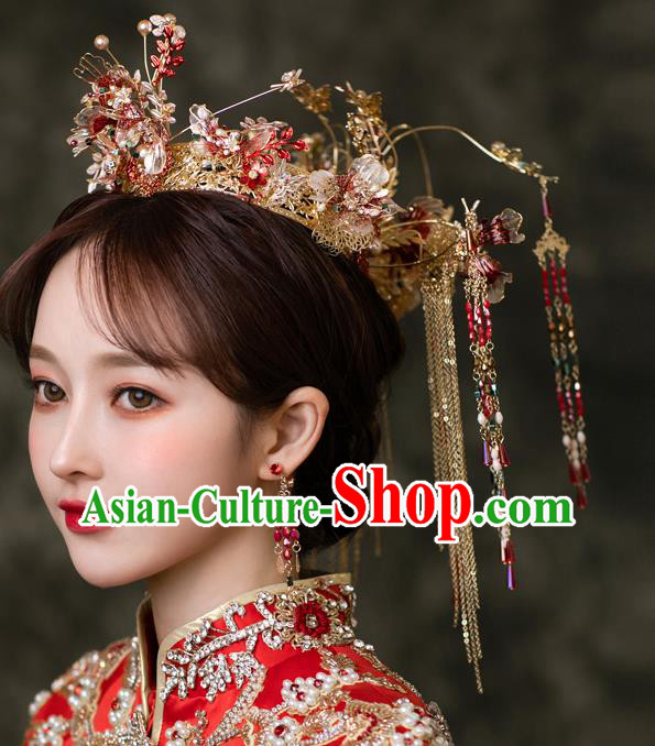 Chinese Traditional Wedding Hair Accessories Classical Xiuhe Suit Hair Crown Bride Tassel Hairpins