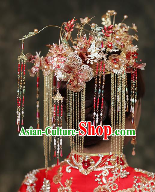 Chinese Traditional Wedding Hair Accessories Classical Xiuhe Suit Hair Crown Bride Tassel Hairpins