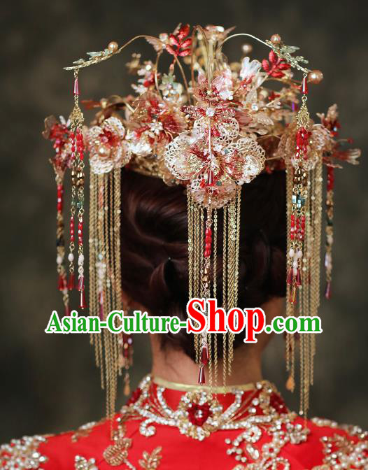 Chinese Traditional Wedding Hair Accessories Classical Xiuhe Suit Hair Crown Bride Tassel Hairpins