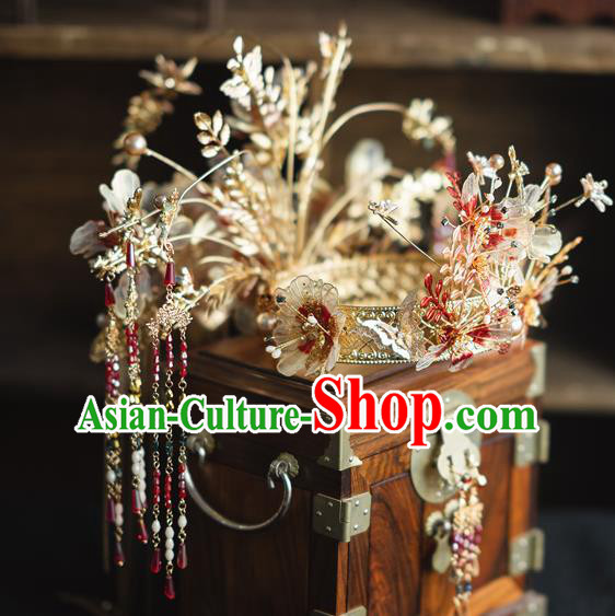 Chinese Traditional Wedding Hair Accessories Classical Xiuhe Suit Hair Crown Bride Tassel Hairpins