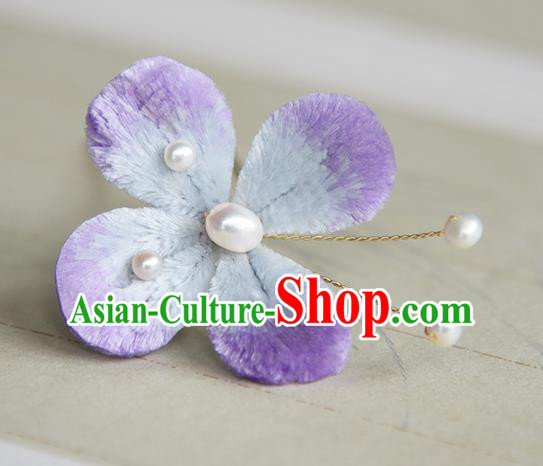 Chinese Ancient Young Lady Purple Velvet Butterfly Hair Stick Traditional Cheongsam Hairpin Headpiece