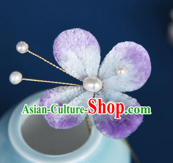 Chinese Ancient Young Lady Purple Velvet Butterfly Hair Stick Traditional Cheongsam Hairpin Headpiece